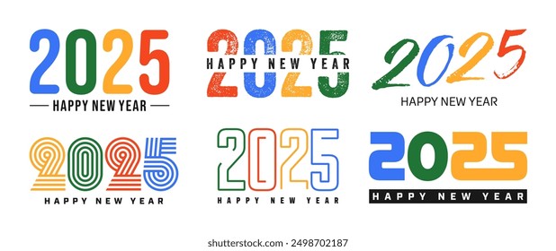 Set of 2025 Happy New Year greeting text designs. Christmas banner, poster, festive greeting card or seasonal promotion template. Collection of 2025 numbers with greetings. Vector illustration