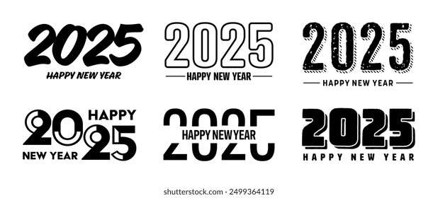 Conjunto de diseños de texto de saludo de feliz año Nuevo 2025. Navidades Anuncio, cartel, tarjeta de felicitación festiva o Plantilla de promoción de temporada. Colección de los números de 2025 con saludos. Ilustración vectorial