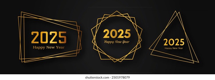 Conjunto de fondos poligonales geométricos dorados Feliz Año Nuevo 2025. Marco poligonal geométrico dorado con efectos brillantes para tarjetas de felicitación de vacaciones de Navidades, volantes o carteles. Ilustración vectorial