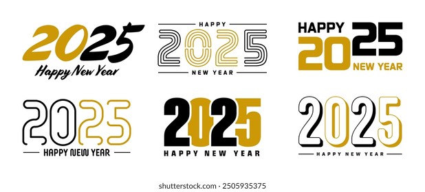 Conjunto de diseños de texto de saludo de feliz año Nuevo 2025. Navidades Anuncio, cartel, tarjeta de felicitación festiva o Plantilla de promoción de temporada. Colección de los números de 2025 con saludos. Ilustración vectorial