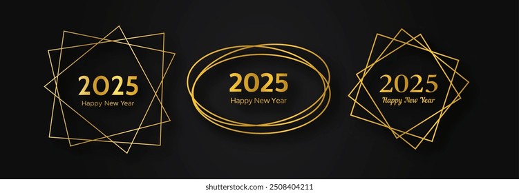 Set of 2025 Happy New Year gold geometric polygonal backgrounds. Gold geometric polygonal frame with shining effects for Christmas holiday greeting card, flyers or posters. Vector illustration