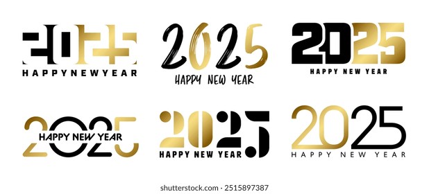 Set of 2025 Happy New Year greeting text designs. Christmas banner, poster, festive greeting card or seasonal promotion template. Collection of 2025 numbers with greetings. Vector illustration