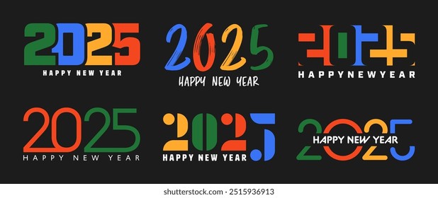 Set of 2025 Happy New Year greeting text designs. Christmas banner, poster, festive greeting card or seasonal promotion template. Collection of 2025 numbers with greetings. Vector illustration