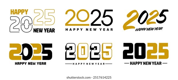 Conjunto de diseños de texto de saludo de feliz año Nuevo 2025. Navidades Anuncio, cartel, tarjeta de felicitación festiva o Plantilla de promoción de temporada. Colección de los números de 2025 con saludos. Ilustración vectorial