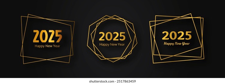 Set of 2025 Happy New Year gold geometric polygonal backgrounds. Gold geometric polygonal frame with shining effects for Christmas holiday greeting card, flyers or posters. Vector illustration