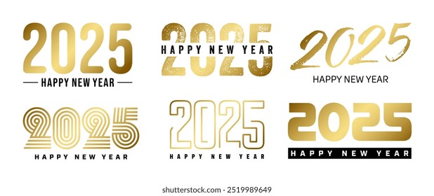 Set of 2025 Happy New Year greeting text designs. Christmas banner, poster, festive greeting card or seasonal promotion template. Collection of 2025 numbers with greetings. Vector illustration
