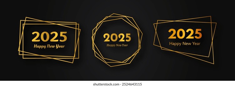 Set of 2025 Happy New Year gold geometric polygonal backgrounds. Gold geometric polygonal frame with shining effects for Christmas holiday greeting card, flyers or posters. Vector illustration