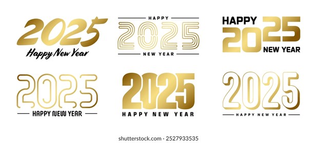Set of 2025 Happy New Year greeting text designs. Christmas banner, poster, festive greeting card or seasonal promotion template. Collection of 2025 numbers with greetings. Vector illustration