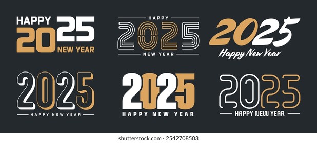 Conjunto de diseños de texto de saludo de feliz año Nuevo 2025. Navidades Anuncio, cartel, tarjeta de felicitación festiva o Plantilla de promoción de temporada. Colección de los números de 2025 con saludos. Ilustración vectorial