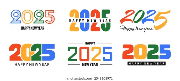 Set of 2025 Happy New Year greeting text designs. Christmas banner, poster, festive greeting card or seasonal promotion template. Collection of 2025 numbers with greetings. Vector illustration