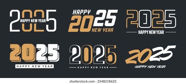 Conjunto de 2025 Feliz Ano Novo cumprimentando projetos de texto. Banner de Natal, cartaz, cartão comemorativo ou modelo de promoção sazonal. Coleção de números de 2025 com saudações. Ilustração vetorial