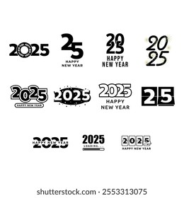 Set of 2025 Happy New Year text design on white background