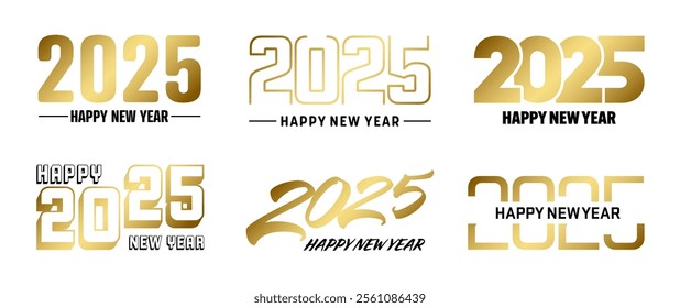 Set of 2025 Happy New Year greeting text designs. Christmas banner, poster, festive greeting card or seasonal promotion template. Collection of 2025 numbers with greetings. Vector illustration
