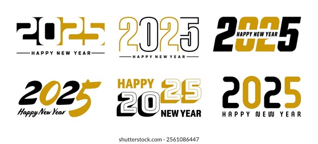 Set of 2025 Happy New Year greeting text designs. Christmas banner, poster, festive greeting card or seasonal promotion template. Collection of 2025 numbers with greetings. Vector illustration