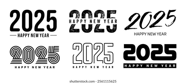 Set of 2025 Happy New Year greeting text designs. Christmas banner, poster, festive greeting card or seasonal promotion template. Collection of 2025 numbers with greetings. Vector illustration