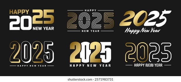 Set of 2025 Happy New Year greeting text designs. Christmas banner, poster, festive greeting card or seasonal promotion template. Collection of 2025 numbers with greetings. Vector illustration