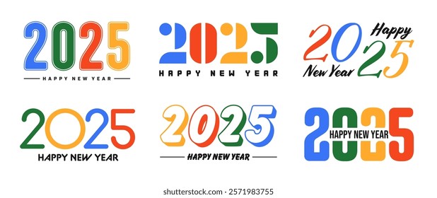 Set of 2025 Happy New Year greeting text designs. Christmas banner, poster, festive greeting card or seasonal promotion template. Collection of 2025 numbers with greetings. Vector illustration