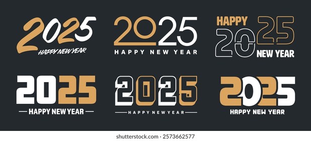 Set of 2025 Happy New Year greeting text designs. Christmas banner, poster, festive greeting card or seasonal promotion template. Collection of 2025 numbers with greetings. Vector illustration