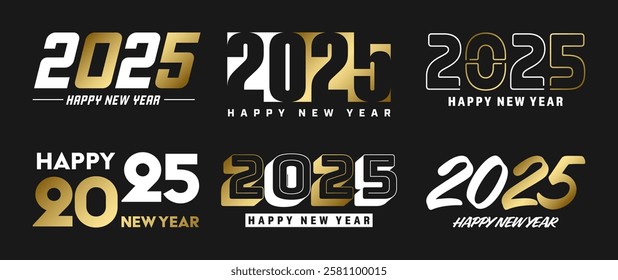 Set of 2025 Happy New Year greeting text designs. Christmas banner, poster, festive greeting card or seasonal promotion template. Collection of 2025 numbers with greetings. Vector illustration