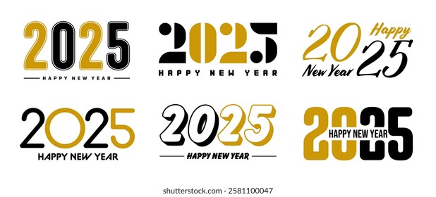 Set of 2025 Happy New Year greeting text designs. Christmas banner, poster, festive greeting card or seasonal promotion template. Collection of 2025 numbers with greetings. Vector illustration