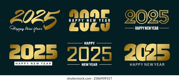 Set of 2025 Happy New Year greeting text designs. Christmas banner, poster, festive greeting card or seasonal promotion template. Collection of 2025 numbers with greetings. Vector illustration