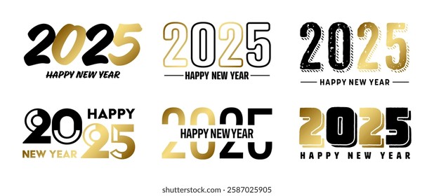 Set of 2025 Happy New Year greeting text designs. Christmas banner, poster, festive greeting card or seasonal promotion template. Collection of 2025 numbers with greetings. Vector illustration