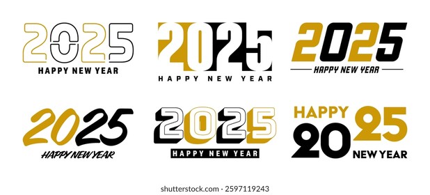 Set of 2025 Happy New Year greeting text designs. Christmas banner, poster, festive greeting card or seasonal promotion template. Collection of 2025 numbers with greetings. Vector illustration