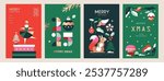 Set of 2025 Merry Christmas and Happy New Year background, banner, cover, poster design with trendy flat style illustration.