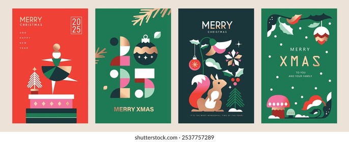 Set of 2025 Merry Christmas and Happy New Year background, banner, cover, poster design with trendy flat style illustration.