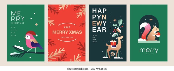 Set of 2025 Merry Christmas and Happy New Year background, banner, cover, poster design with trendy flat style illustration.