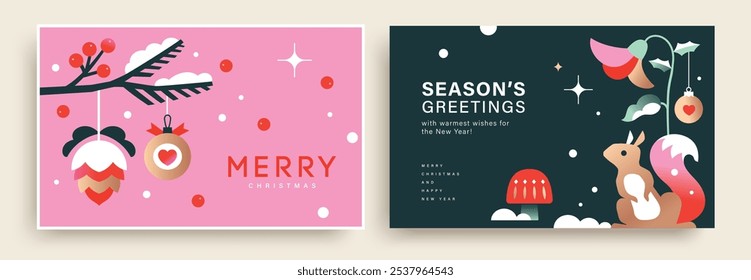 Set of 2025 Merry Christmas and Happy New Year background, banner, cover, poster design with trendy flat style illustration.