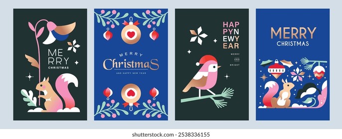 Set of 2025 Merry Christmas and Happy New Year background, banner, cover, poster design with trendy flat style illustration.