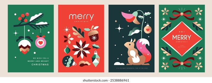 Set of 2025 Merry Christmas and Happy New Year background, banner, cover, poster design with trendy flat style illustration.