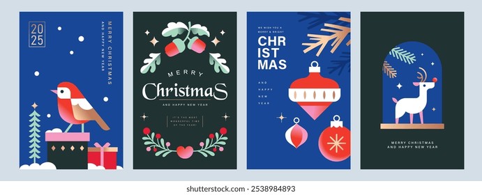 Set of 2025 Merry Christmas and Happy New Year background, banner, cover, poster design with trendy flat style illustration.