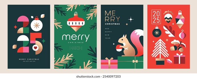 Set of 2025 Merry Christmas and Happy New Year background, banner, cover, poster design with trendy flat style illustration.