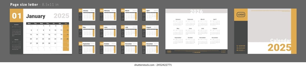 Set of 2025 Monthly Calendar Planner Templates, Annual 2026, Cover with Place for Photo, Company Logo. Vector pages of wall or desk calendar for printing size Letter-8.5x11 in. Week start on Monday