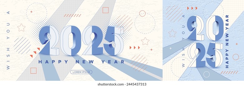 Set of 2025 new year with blue line number and geometric line on texture background