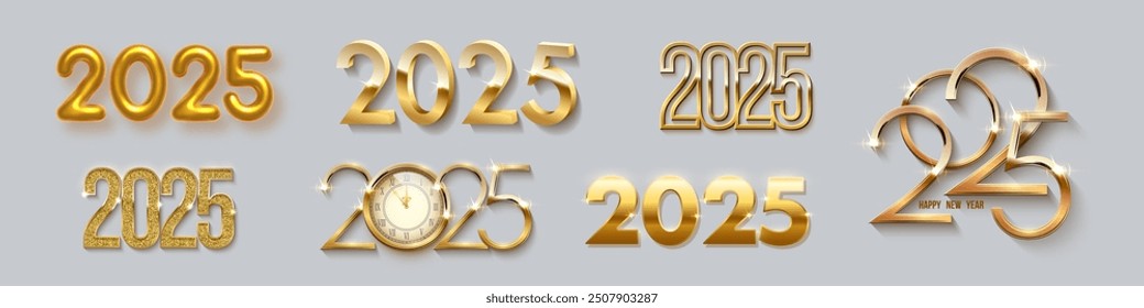 Set of 2025 New Year gold numbers for greeting cards, banners or posters vector illustration. Different 2025 golden numbers templates with glow light effect, clocks and shining ring isolated on gray.