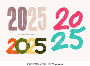 Set of 2025 New Year logo colored text design. Numbers are painted with a brush and by hand drawn. Collection of 2025 brush stroke New Year colorful symbol for calendar, poster, flyer and banner.