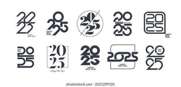 Conjunto de 2025 novo logotipo de ano. Número de anos de projeto. Elementos de design para cartão de mensagem, convite, calendário, etc. Ilustração vetorial.