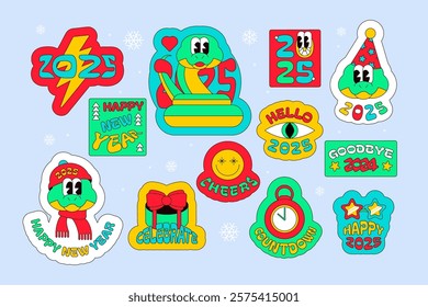 Set of 2025 new year stickers with Chinese calendar snake symbol. New Year velcro for sticker pack in old style of 2000. Cartoon Y2K retro sticker collection on blue background