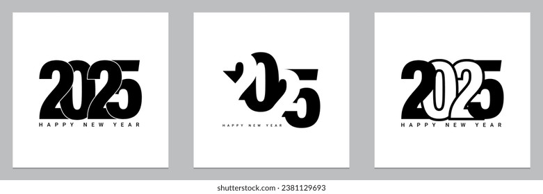 Set of 2025 number design template. 2025 Happy New Year logo text design. Vector illustration with black labels logo for diaries, notebooks, calendars.