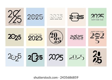 Set of 2025 number design template. Happy New Year 2025 logo text design. Vector illustration collection with black labels logo for Christmas, diaries, notebooks, calendars.