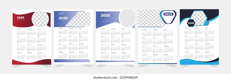 Set of 2025 one page wall calendar template. professional corporate calendar of minimal design