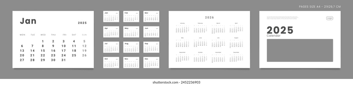 Conjunto de 2025 Páginas Calendario mensual Planificador de Plantillas, anual, cubierta con lugar para la foto, logotipo de la empresa. Vector de páginas A4 para pared o escritorio con calendario minimalista con inicio de semana el lunes para imprimir