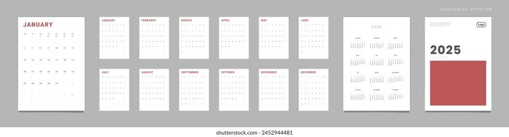 Set of 2025 Pages Monthly Calendar Planner Templates, Annual on2026, Cover with Place for Photo, Company Logo. Vector vertical calendar grid for wall or desk calendar for print. Week start on Monday