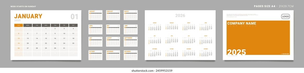Set of 2025 Pages Monthly Calendar Planner Templates, Cover with Place for Photo, Company Logo, Annual 2026. Vector pages size A4 -21x29.7cm for wall or desk calendar with 2 weekend Week start Sunday