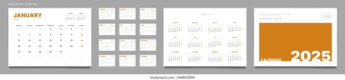 Conjunto de 2025 Páginas Calendario mensual Plantillas del planificador, cubierta con lugar para la foto, logotipo de la empresa, anual. Vector de páginas tamaño A4-21x29.7 in para la pared o el calendario de escritorio con 2 fin de semana. Lunes de inicio de semana