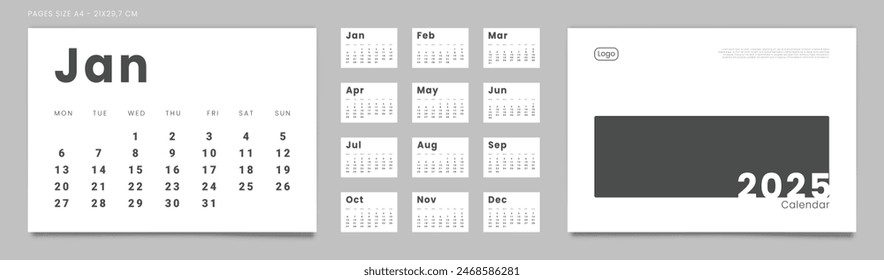 Conjunto de 2025 Páginas Calendario mensual Plantillas del planificador, cubierta con lugar para la foto, logotipo de la empresa. Páginas de Vector para el calendario de pared o de mesa en estilo minimalista. Tamaño de página A4 para Imprimir. La semana comienza el lunes