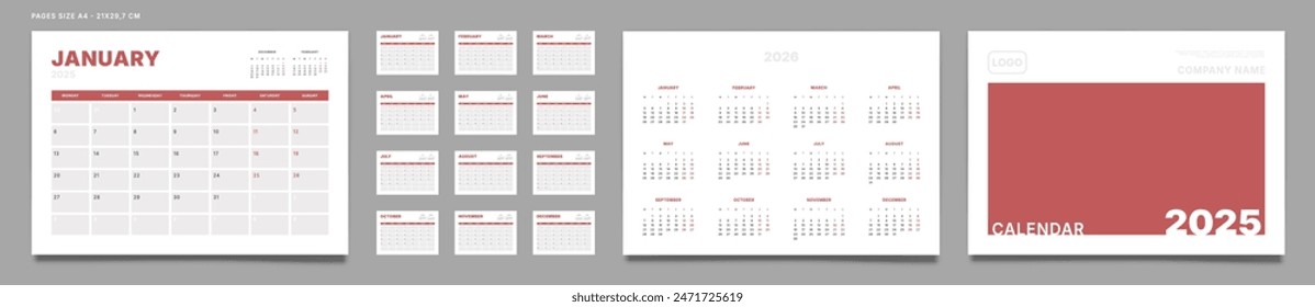 Set of 2025 Pages Monthly Calendar Planner Templates, Cover with Place for Photo, Company Logo, Annual. Vector pages size A4 -21x29.7cm for wall or desk calendar with 2 weekend. Week start Monday